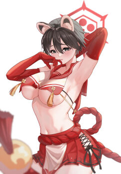 absurdres amam_(64943468) arm_behind_head armor armpits blue_archive breast_curtain breasts clothing_cutout cross-laced_clothes cross-laced_cutout cross-laced_skirt curvy elbow_gloves gloves hand_on_own_cheek hand_on_own_face highres hip_vent japanese_armor large_breasts miniskirt navel red_sailor_collar rope sailor_collar shimenawa short_hair shoulder_armor sideless_outfit simple_background skirt sode stomach tabard tassel tsubaki_(blue_archive) white_background