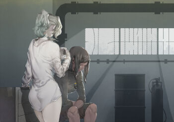 2girls ass black_hair black_shorts blonde_hair breasts brown_eyes cup dark-skinned_female dark_skin disposable_cup dress_shirt drum_(container) emblem eye_of_horus eyelashes facial_mark facial_tattoo female_focus from_behind hebi_utage holding holding_cup indoors legs_together lips logo looking_down medium_breasts mercy_(overwatch) mug multiple_girls naked_shirt overwatch overwatch_1 oxygen_tank parted_lips pharah_(overwatch) ponytail shirt shorts sitting three-quarter_sleeves sleeves_pushed_up swept_bangs tattoo white_shirt