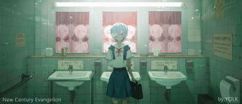 1girl absurdres artist_name ayanami_rei bandage_over_one_eye bandaged_arm bandages bathroom blue_hair blue_skirt briefcase cast ceiling_light closed_mouth collared_shirt commentary_request copyright_name different_reflection expressionless faceless faceless_female hair_between_eyes highres holding holding_briefcase indoors light_particles miniskirt mirror neck_ribbon neon_genesis_evangelion pleated_skirt red_eyes red_ribbon reflection ribbon school_uniform shirt short_hair short_sleeves single_bare_arm sink skirt solo standing straight-on suspender_skirt suspenders tile_wall tiles toilet_paper tokyo-3_middle_school_uniform topless_female white_shirt yolk_(user_sssk5878)
