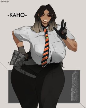 1girl breasts curvy fupu gloves gradient_hair grin highres huge_breasts large_breasts multicolored_hair necktie original simple_background smile thick_eyebrows v white_background wide_hips