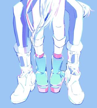 2girls between_legs blue_background blue_boots boots commentary horse_girl horse_tail invisible_chair korean_commentary leg_focus multiple_girls nooctadesu oguri_cap_(starlight_beat)_(umamusume) oguri_cap_(umamusume) pants red_socks simple_background sitting socks standing tail tamamo_cross_(umamusume) tamamo_cross_(with_lightning_speed)_(umamusume) umamusume white_boots white_pants yuri