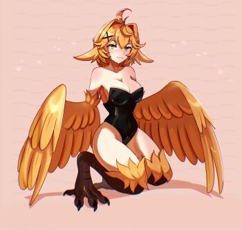 1girl absurdres ahoge animal_ears bare_shoulders bird_ears bird_legs black_leotard blonde_hair blush breasts cleavage commentary covered_navel dokibird feather_hair feathered_wings green_eyes hair_between_eyes hair_intakes harpy highres indie_virtual_youtuber leotard long_hair looking_at_viewer medium_breasts monster_girl monsterification short_hair simple_background solo squatting talons unreal_fish virtual_youtuber winged_arms wings