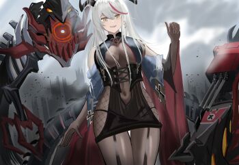 1girl aegir_(azur_lane) azur_lane bare_shoulders black_horns bodystocking breast_curtains breasts brown_gloves cleavage clothing_cutout covered_navel cross cross_earrings demon_horns earrings elbow_gloves future_zero gloves grey_hair hair_between_eyes hair_on_horn highres horns iron_cross jewelry large_breasts long_hair multicolored_hair navel navel_cutout non-humanoid_robot red_streaks robot robot_dragon slit_pupils solo streaked_hair yellow_eyes