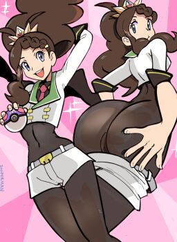 1girl :d artist_name ass black_bodysuit blue_eyes bodysuit brown_hair clothes_pull commentary covered_navel cropped_jacket english_commentary highres hilda_(champion)_(pokemon) hilda_(pokemon) holding holding_poke_ball jacket long_hair long_sleeves looking_at_viewer master_ball multiple_views nintendo official_alternate_costume open_mouth pink_background poke_ball pokemon pokemon_masters_ex ponytail short_shorts shorts shorts_pull smile sooperman teeth upper_teeth_only white_jacket white_shorts