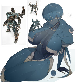 1girl android armored_core armored_core_vi:_fires_of_rubicon blue_hair blue_skin breasts colored_skin cropped_jacket english_text hair_over_one_eye highres holding jacket joints large_breasts looking_at_viewer moonlight_(armored_core) multicolored_hair navel open_clothes open_jacket personification ponytail reference_inset reverse-jointed_legs robot_girl sidelocks simple_background sitting solo thighs two-tone_hair ub1mo white_background yellow_eyes