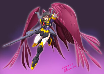 1girl black_hair brown_eyes code_geass cosplay dated full_body gloves gradient_background gun gundam gundam_wing gundam_wing:_endless_waltz haguro_(kancolle) hair_ornament hairclip kantai_collection looking_at_viewer mecha_musume moke_ro no_headgear purple_wings rifle short_hair solo super_robot_wars super_robot_wars_dd thighhighs twitter_username weapon white_thighhighs wing_gundam_zero_rebellion wing_gundam_zero_rebellion_(cosplay) wings