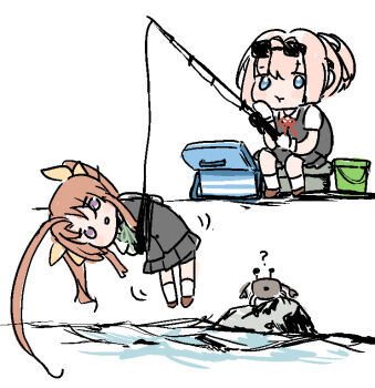 2girls blue_eyes brown_hair bucket crab eyewear_on_head fishing fishing_rod grey_hair grey_skirt grey_vest kagerou_(kancolle) kantai_collection kaomoji_(sagor00237) long_hair multiple_girls pink_hair pleated_skirt ponytail rock shiranui_(kancolle) short_hair skirt sunglasses tackle_box twintails vest