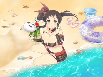 1girl armor beach bikini bikini_armor black_bikini blush breasts brown_hair bucket cleavage collarbone crab day flip-flops floral_print floral_print_ribbon flower fox_mask game_asset green_eyes groin hair_ribbon heart heart_o-ring hibiscus innertube japanese_armor kote kurokote kusazuri large_breasts long_hair looking_at_viewer mask murakumo_(senran_kagura) o-ring ocean official_art outdoors parted_lips print_innertube red_flower ribbon sand sandals seashell seaweed senran_kagura senran_kagura_estival_versus senran_kagura_new_link shell shore shoulder_armor shovel side_ponytail sitting smile sode solo sparkle starfish swim_ring swimsuit transparent_innertube unworn_mask water water_drop yokozuwari