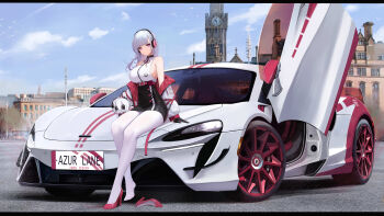 1girl absurdres azur_lane bare_shoulders belt bird black_gloves black_skirt blue_sky blunt_bangs breasts building butterfly_doors buttons car character_doll character_name clock clock_tower closed_mouth cloud day dido_(azur_lane) doll dress feet flower full_body gloves headphones high-waist_skirt high_heels highres jacket kcar66t label large_breasts license_plate location_request logo mclaren mclaren_artura motor_vehicle neck_ribbon on_car outdoors padded_jacket pantyhose pink_belt pink_flower pink_jacket pink_ribbon pink_rose pink_shoes product_placement purple_eyes race_queen real_world_location ribbon rose royal_navy_emblem_(azur_lane) scenery shoes sideboob single_shoe sitting skirt sky sports_car toes tower tree two-sided_fabric unworn_footwear white_car white_dress white_hair white_jacket white_pantyhose