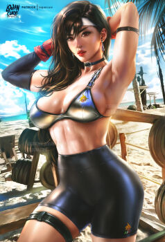 1girl absurdres arm_strap arms_up artist_name bike_shorts bikini bikini_top_only black_choker black_hair breasts choker day earrings final_fantasy final_fantasy_vii final_fantasy_vii_remake gloves highres large_breasts lips logan_cure long_hair looking_at_viewer outdoors paid_reward_available red_eyes red_gloves solo sweat swimsuit teardrop_earrings thigh_strap tifa_lockhart weights