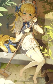 1girl absurdres alternate_costume animal_ears apron barefoot blonde_hair blue_ribbon broom commentary enmaided full_body green_eyes highres holding holding_broom huge_filesize ju_fufu loli looking_at_viewer maeru maid maid_apron maid_headdress ribbon sitting solo symbol-only_commentary tail tail_ornament tail_ribbon thighhighs tiger_ears tiger_girl tiger_tail toes white_apron white_thighhighs wrist_cuffs zenless_zone_zero