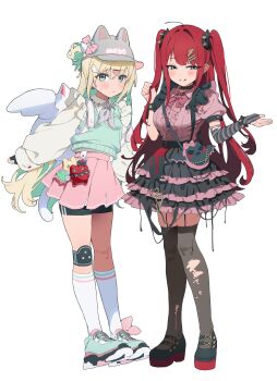 2girls absurdres animal_hat bike_shorts bike_shorts_under_skirt black_gloves black_shoes black_skirt blonde_hair blue_neckerchief blush bow bowtie breasts cat_hat closed_mouth collared_shirt colored_inner_hair commentary commission elbow_gloves fingerless_gloves frilled_skirt frills full_body gloves green_eyes green_hair green_shoes green_sweater_vest grey_hat grey_thighhighs grin hair_between_eyes hair_intakes hands_up hat highres knee_pads kneehighs long_hair long_sleeves looking_at_viewer mary_janes medium_breasts miniskirt multicolored_hair multiple_girls neckerchief original pink_gloves pink_shirt pink_skirt plaid_clothes plaid_neckerchief platform_shoes pleated_skirt red_bow red_bowtie red_hair shirt shoes short_sleeves simple_background single_elbow_glove single_knee_pad skirt smile sneakers socks standing striped_clothes striped_gloves striped_socks suspender_skirt suspenders sweater_vest tanghulu_(bbbb1123112) thighhighs torn_clothes torn_thighhighs two-tone_skirt two_side_up white_background white_shirt white_socks