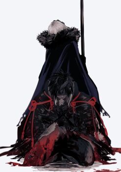1boy 1girl armor bandage_over_one_eye bandaged_head bandages banner black_bandages black_cape black_hair black_pants blood blood_on_clothes blood_on_ground cape chiemon_(fate) fate/samurai_remnant fate_(series) fur-trimmed_cape fur_trim headpiece highres holding_banner interlocked_fingers japanese_armor jeanne_d'arc_(fate) jeanne_d'arc_alter_(lancer)_(fate) kneeling motsuni_(motsu_fgo) multiple_scars own_hands_together pants praying scar shoulder_armor simple_background sode standing tassel white_background white_hair