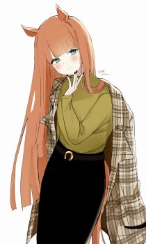 1girl alternate_costume aqua_eyes belt black_skirt blunt_bangs coat coat_on_shoulders commentary english_commentary green_sweater highres horse_girl horseshoe_ornament long_hair long_sleeves looking_at_viewer orange_hair plaid_clothes plaid_coat pof_(peuplierpof) silence_suzuka_(umamusume) simple_background skirt smile solo sweater umamusume white_background