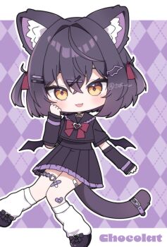 Rule 34 | 1girl, :3, :d, akikan sabako, animal ear fluff, animal ears, argyle background, arm warmers, bandaid, bandaid on knee, bandaid on leg, bat wings, black hair, black sailor collar, black serafuku, black shirt, black shoes, black skirt, black wings, blush, bow, bowtie, cat ears, cat girl, cat tail, chibi, chocolat (vrchat), choker, commentary request, fang, hair between eyes, hair ornament, hairclip, hand on own face, heart, highres, leg warmers, looking at viewer, loose socks, mini wings, open mouth, pleated skirt, purple background, purple hair, purple skirt, ribbon, sailor collar, sailor shirt, school uniform, serafuku, shirt, shoes, short hair, skirt, smile, socks, solo, tail, twitter username, two side up, vrchat, white socks, wings, x hair ornament, yellow eyes