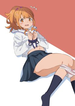 1girl ass blue_skirt blue_socks blush bound bound_wrists bow bow_panties eromanga_sensei highres jinno_megumi medium_hair miniskirt multicolored_scrunchie navel open_mouth orange_background orange_eyes orange_hair panties panty_pull pink_panties pleated_skirt ponytail ryo_taton sailor_collar school_uniform scrunchie serafuku skirt socks tearing_up thighs two-tone_background two-tone_panties underwear white_background white_panties white_sailor_collar white_serafuku white_skirt