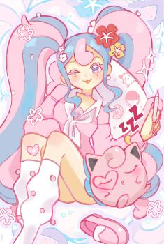 1girl :3 :o :p blue_hair blue_skirt choker collared_sweater commentary english_commentary fairy_miku_(project_voltage) flower full_body gen_1_pokemon hair_flower hair_ornament hatsune_miku heart heart_choker highres holding holding_marker jigglypuff long_hair long_sleeves looking_at_viewer loose_socks marker milktuart multicolored_hair neckerchief nintendo one_eye_closed pink_background pink_choker pink_hair pink_nails pink_shoes pink_sweater pokemon pokemon_(creature) project_voltage red_flower shoes simple_background sitting skirt socks sweater tongue tongue_out twintails two-tone_hair unworn_shoes vocaloid white_neckerchief white_socks yellow_flower zzz