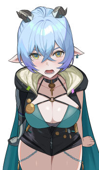 1girl absurdres aqua_eyes black_collar black_horns black_shorts blue_hair blush breasts cape cleavage collar commentary cowboy_shot earrings goat_girl goat_horns hair_between_eyes high-waist_shorts highres hood hood_down hooded_cape horns jewelry junmin looking_at_viewer lucia_elowen medium_breasts multicolored_eyes open_mouth pointy_ears short_hair shorts sidelocks simple_background solo thighs two-tone_eyes white_background yellow_eyes zenless_zone_zero