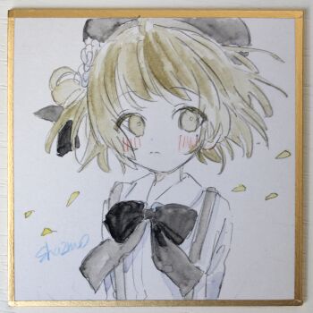 Rule 34 | 1girl, absurdres, beret, black bow, black hat, blush, bow, brown eyes, brown hair, closed mouth, collared shirt, commentary request, dress shirt, flower, hair flower, hair ornament, hat, hatoba tsugu, highres, petals, photo (medium), sha2mo, shikishi, shirt, signature, solo, suspenders, traditional media, tsugu (vtuber), virtual youtuber, white flower, white shirt