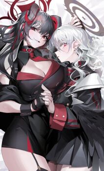 2girls absurdres amejaga black_gloves black_hair black_wings breasts cleavage commentary ear_piercing earrings english_commentary eyelashes feathered_wings fingerless_gloves garter_straps gloves grin hair_between_eyes halo highres holding_hands horns jewelry large_breasts long_hair long_sleeves looking_at_viewer multicolored_hair multiple_girls original parted_lips piercing pointy_ears red_eyes red_hair smile stud_earrings white_hair wings