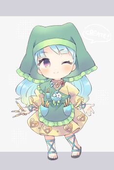 1girl ankle_ribbon apron blue_hair blush bow chibi chibi_only dress flower green_apron green_bow green_headscarf grey_background haniyasushin_keiki headscarf jewelry leg_ribbon magatama magatama_necklace necklace one_eye_closed pocket purple_eyes r9nr9 ribbon sandals smile solo tools touhou white_flower wrist_ribbon yellow_dress