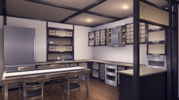 bowl bowl_stack cabinet ceiling ceiling_light chair commentary counter cupboard dining_room dish_rack doki_doki_literature_club drawer english_commentary game_cg highres house indoors kitchen kitchen_range no_humans non-web_source oven plate plate_stack refrigerator shelf sink stove table tablecloth toaster_oven velinquent wooden_chair wooden_floor wooden_table