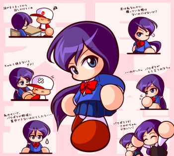 Rule 34 | 1boy, 2girls, amatsuki isuzu, amatsuki sayaka, asouuuu, baseball cap, baseball uniform, black vest, blazer, blue eyes, blue jacket, blue skirt, bow, bowtie, brown shoes, chair, chibi, closed eyes, commentary request, desk, flying sweatdrops, hat, jacket, jikkyou powerful pro yakyuu, jikkyou powerful pro yakyuu (style), long hair, low ponytail, multicolored shoes, multiple girls, multiple views, no mouth, ponytail, power pro kun, power pro kun pocket, power pro kun pocket 10, power pro kun pocket 14, purple hair, rayman limbs, red bow, red bowtie, school chair, school desk, school uniform, shirt, shoes, sigh, skirt, smile, sportswear, squiggle, translation request, two-tone shoes, vest, white shirt, white shoes, x x