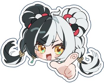 1girl ahoge black_hair blush braid braided_twintails chawarabi chibi chibi_only commentary_request dialyn_(zenless_zone_zero) double_bun earrings fingerprint hair_bun hair_extensions hair_intakes highres jewelry long_hair looking_at_viewer multicolored_hair open_mouth outline pointing pointy_ears ring_hair_extensions simple_background solo sparkling_eyes split-color_hair v-shaped_eyebrows white_background white_hair white_outline yellow_eyes zenless_zone_zero