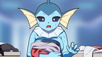 1girl black_sclera blue_skin breasts colored_sclera colored_skin covering_breasts covering_privates fins fish_girl gen_1_pokemon hakkimanime head_fins highres holding holding_unworn_clothes large_breasts looking_at_viewer nintendo open_mouth pokemon pokemon_(creature) screencap solo surprised sweat vaporeon white_eyes