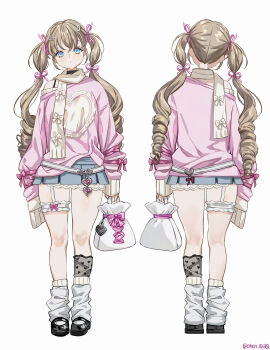 1girl artist_name asymmetrical_footwear bag belt black_choker black_shoes black_socks blonde_hair blue_eyes blue_skirt bow bra_strap choker cross-laced_bag fashion frilled_thigh_strap frills garter_straps hair_ornament hair_ribbon hairclip head_tilt heart highres holding holding_bag kneepits layered_clothes leg_warmers long_hair long_sleeves looking_at_viewer loose_socks mary_janes microskirt multiple_views original oto1_030 pink_bow pink_ribbon pink_sweater ribbon ringlets scarf scarf_bow shoes simple_background single_sock skirt sleeves_past_fingers sleeves_past_wrists socks sweater thigh_strap turnaround twintails very_long_hair white_background white_belt white_garter_straps white_leg_warmers white_scarf white_sweater wishcore wispy_bangs