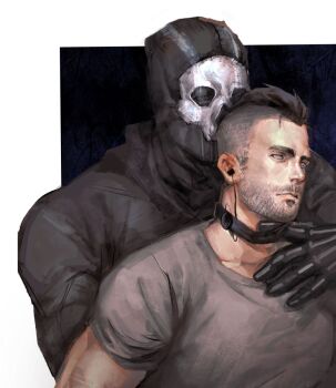 Rule 34 | 2boys, beard, black gloves, black shirt, brown hair, bullfrogsan, call of duty, call of duty: modern warfare 2, closed eyes, collarbone, crew neck, earpiece, facial hair, ghost (modern warfare 2), gloves, grey eyes, grey shirt, hand on another's neck, highres, looking ahead, male focus, mask, mohawk, multiple boys, shirt, short hair, short sleeves, skeleton print, skull mask, soap (modern warfare 2), thick eyebrows, upper body, yaoi