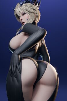 1girl 3d absurdres artoria_pendragon_(fate) artoria_pendragon_(lancer_alter)_(fate) ass black_bodysuit blender_(medium) blonde_hair bodysuit braid breasts crown fate/grand_order fate_(series) from_behind hand_on_own_ass highres huge_ass lips looking_back open_mouth ribbed_bodysuit ryanreos sideboob sidelocks solo yellow_eyes