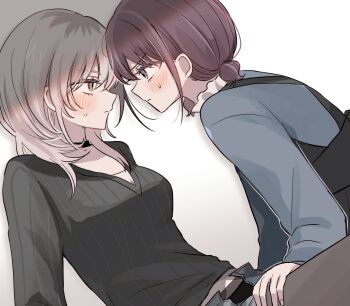2girls absurdres black_choker black_skirt black_sweater blue_shirt blush choker closed_mouth commentary eye_contact girls_band_cry grey_eyes grey_hair hamchan69 hand_on_another&#039;s_thigh highres iseri_nina kawaragi_momoka long_hair long_sleeves looking_at_another multicolored_hair multiple_girls open_clothes open_shorts red_hair roots_(hair) shade shirt short_twintails shorts skirt suspender_skirt suspenders sweat sweater twintails yuri