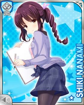 Rule 34 | 1girl, black pantyhose, blue background, blue shorts, brown eyes, card (medium), cardigan, character name, embarrassed, girlfriend (kari), hair ribbon, holding, holding pen, holding sketchbook, looking at viewer, nanami shiki, official art, open cardigan, open clothes, pantyhose, pen, pink ribbon, pink shirt, plaid clothes, plaid shorts, purple cardigan, qp:flapper, raised inner eyebrows, red hair, ribbon, shirt, shorts, sketchbook, solo, standing