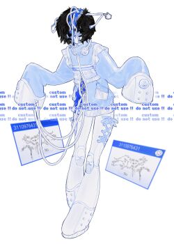 1girl android black_eyes black_hair bleeding blood blue_blood blue_coat blue_theme coat commentary commission cursor english_commentary fake_transparency frutiger_aero frutiger_metro full_body highres looking_at_viewer original senmaze short_hair simple_background sleeves_past_wrists solo white_background window_(computing) wire