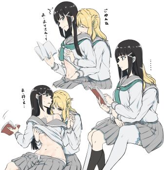 2girls aqua_neckerchief bite_mark bite_mark_on_shoulder black_hair black_socks blonde_hair blue_eyes blush book braid commentary_request crown_braid grabbing_another&#039;s_breast grabbing_from_behind grey_sailor_collar grey_skirt groping hair_rings hickey highres holding holding_book holding_hands interlocked_fingers kneehighs kurosawa_dia long_hair love_live! love_live!_sunshine!! multiple_girls neckerchief ohara_mari pleated_skirt reading sailor_collar shirt simple_background single_hair_ring skirt socks sweat thighhighs translation_request undressing_another white_background white_shirt white_thighhighs yakult1124 yuri