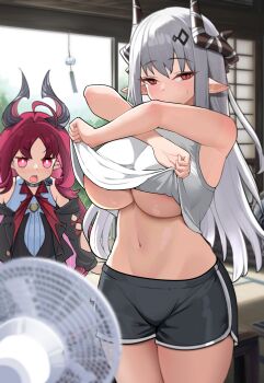 2girls absurdres alternate_costume antenna_hair arknights arm_cutout bare_shoulders black_dress blush breasts bright_pupils clothing_cutout dishui_tangni dolphin_shorts dress electric_fan half-closed_eyes highres horns indoors jitome lifting_own_clothes long_hair looking_at_viewer midriff mudrock_(arknights) multiple_girls navel nymph_(arknights) open_mouth pink_eyes pink_hair pointy_ears red_eyes shirt shorts shy sleeveless sleeveless_shirt thighs underboob white_hair white_shirt