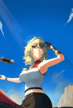 1girl adjusting_eyewear arm_up armpits black_shorts blue_sky breasts caesar_king_(zenless_zone_zero) cleavage closed_mouth cloud commentary_request crop_top green_hair hair_intakes highres large_breasts long_hair midriff motor_vehicle motorcycle navel no_jacket on_motorcycle orange_eyes outdoors prosthesis prosthetic_arm shadow shinarika396 shirt shorts sky solo sunglasses white_shirt wristband zenless_zone_zero