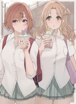2girls asymmetrical_bangs backpack bag blonde_hair blue_skirt blush breast_press bubble_tea collared_shirt commentary_request cowboy_shot cup dress_shirt drinking_straw hair_between_eyes hair_bun hair_ornament hair_ribbon hairclip highres higuchi_madoka holding holding_cup ichikawa_hinana idolmaster idolmaster_shiny_colors long_hair long_sleeves medium_hair miniskirt mole mole_under_eye multiple_girls open_mouth parallel_hairclips pink_bag plaid_clothes plaid_skirt pleated_skirt pout purple_eyes red_bag red_hair ribbon school_bag school_uniform shirt short_sleeves shoulder_bag skirt sleeves_rolled_up standing thigh_gap thighs white_ribbon white_shirt yellow_eyes yui081