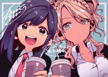 Rule 34 | 2girls, black hair, black jacket, blonde hair, blue background, breasts, brown eyes, cleavage, collared shirt, commentary request, drink, expressionless, food court de mata ashita, gyaru, highres, holding, holding drink, jacket, long hair, looking at viewer, multiple girls, nariie shin'ichirou, necktie, open mouth, red necktie, school uniform, shirt, signature, smile, teeth, upper body, upper teeth only, wada (food court), white shirt, yamamoto (food court)