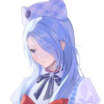 Rule 34 | 1girl, animal ear headwear, animal ears, beads, beanie, black bow, black bowtie, blue hair, bow, bowtie, brooch, cat ears, closed mouth, collared shirt, commentary request, dot nose, eyelashes, fake animal ears, frilled shirt collar, frills, hair over one eye, hair over shoulder, hat, highres, infinity nikki, jewelry, light blush, lips, long hair, looking ahead, nervous, nikki (series), plaid hat, puffy short sleeves, puffy sleeves, purple eyes, purple hat, red bow, red bowtie, shirt, short sleeves, shuangjiaoyidianfaxianshiqingbingbujiandan, simple background, solo, stylist (nikki), upper body, wavy mouth, white background, white shirt