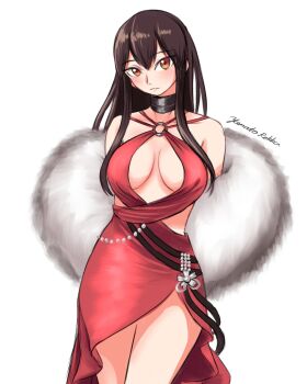 1girl akagi_(azur_lane) akagi_(azur_lane)_(cosplay) akagi_(kancolle) akagi_(ruby-laced_beauty)_(azur_lane) artist_name azur_lane breasts brown_eyes cleavage cosplay dress evening_gown feather_boa highres historical_name_connection kantai_collection long_hair looking_at_viewer name_connection one-hour_drawing_challenge red_dress rekka_yamato sakura_empire_(emblem) simple_background white_background
