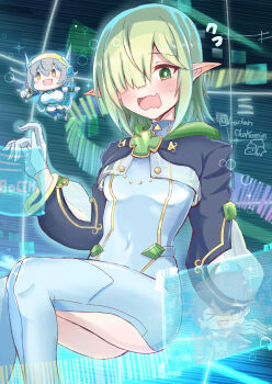Rule 34 | 1boy, 2girls, aoi (pilot) (princess connect!), aoi (princess connect!), artist name, bodysuit, chokomin, clothing cutout, clover ornament, cockpit, croce (princess connect!), elf, floating, gloves, green eyes, green hair, hair over one eye, highres, holographic interface, long sleeves, mecha pilot suit, multiple girls, panicking, pointy ears, princess connect!, thigh cutout, white bodysuit, white gloves, yuuki (princess connect!)