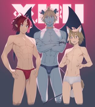 Rule 34 | 3boys, abs, animal ear fluff, bikini briefs, black briefs, black male underwear, blonde hair, briefs, brown eyes, brown hair, cat boy, cat tail, choker, classic fly briefs, colored skin, cropped legs, crossed arms, demon boy, demon horns, demon tail, demon wings, extra, fatherlobin, fundoshi, grey skin, hand on own hip, hands on own hips, highres, horns, ishuzoku reviewers, japanese clothes, male focus, male swimwear, male underwear, multiple boys, neon lights, nipples, orange eyes, pointy ears, red fundoshi, red hair, single horn, swim briefs, tail, toned, toned male, topless male, underwear, underwear only, white briefs, white male underwear, wings