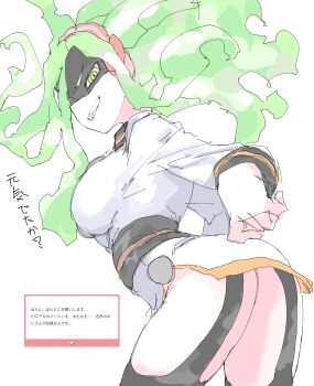 1girl absurdres ass boku_no_hero_academia breasts burnin_(boku_no_hero_academia) contrast_collar cowboy_shot eye_mask fiery_hair flat_ass gloves green_hair hairband highres looking_at_viewer mask medium_breasts mocamocaink pants red_hairband sash sideways_glance sketch smile solo superhero_costume translation_request tunic waist_sash white_gloves white_pants white_tunic yellow_eyes