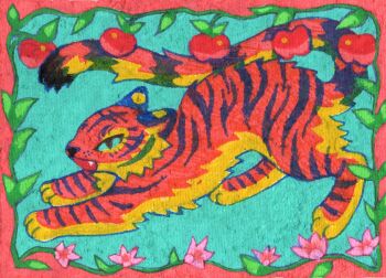 animal animal_focus apple blue_eyes colorful commentary english_commentary fang flower food fruit kitty_(fernwhisker) leaf looking_at_viewer no_humans open_mouth original pink_flower solo tail tiger traditional_media very_long_tail