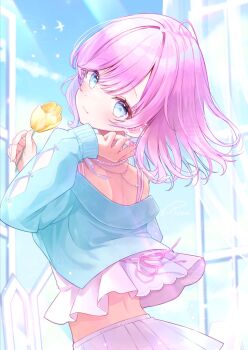 1girl back_peek bird blue_eyes blue_shirt blurry blurry_background character_request commentary_request copyright_request cowboy_shot curtains dress earrings flower from_behind hands_up head_tilt highres holding holding_flower irono1910 jewelry light_smile long_sleeves looking_at_viewer looking_back medium_hair necklace off-shoulder_shirt off_shoulder open_window pink_dress pink_hair pink_top shirt sky solo stud_earrings tulip turning_head window yellow_flower yellow_tulip