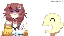 1boy 1girl :3 @_@ \m/ acefish anger_vein animal_ears animated annoyed audible_music audible_speech bald blush bone_hair_ornament bracelet breasts brown_eyes brown_hair clenched_hand clenched_hands closed_eyes crater cube dog_ears dog_girl dog_tail dragon_ball dragonball_z dress false_smile flying hair_ornament hololive in_the_face inugami_korone inugami_korone_(1st_costume) jewelry listener_(inugami_korone) mario_(series) medium_breasts meme nintendo open_mouth parody punching smile sound super_mario_world sweater tail twitter_logo twitter_username v-shaped_eyebrows video virtual_youtuber white_dress yamcha_pose_(meme) yellow_sweater youtube_logo