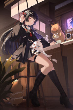 Rule 34 | 1girl, abby (wuthering waves), absurdres, black hair, black jacket, black serafuku, black shirt, black shoes, black skirt, black socks, breasts, bright pupils, chisa (wuthering waves), closed mouth, commentary request, full body, hair ribbon, hand up, highres, indoors, jacket, long hair, long sleeves, looking at viewer, medium breasts, mole, mole under eye, namipon (wuthering waves), neckerchief, red eyes, red neckerchief, red ribbon, ribbon, sailor collar, school uniform, serafuku, shirt, shoes, sitting, skirt, socks, thigh strap, thighs, weiliang, white pupils, white sailor collar, wuthering waves