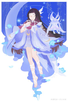 1girl absurdres barefoot black_hair chinese_commentary closed_eyes colored_inner_hair columbina_(genshin_impact) commentary_request crescent dress eye_mask flower full_body genshin_impact hair_ornament highres long_hair low-tied_sidelocks luonnotar_(genshin_impact) mask multicolored_hair open_mouth pink_hair sidelocks smile solo streaked_hair wing_hair_ornament yizhi_xiaomuhui